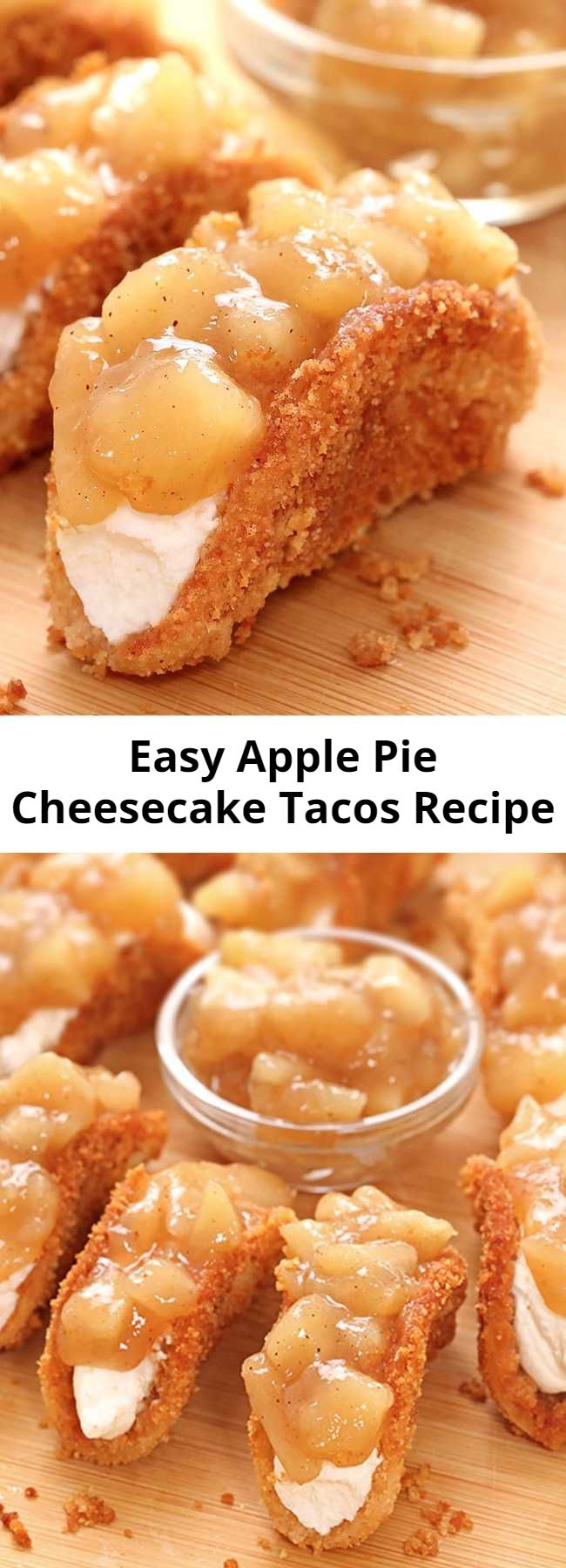 Easy Apple Pie Cheesecake Tacos Recipe - A new fall favorite in your home and they couldn’t be easier. Crunchy baked tortilla shells, easy cheesecake filling and homemade apple pie topping are simply perfect. You’ll be enjoying this awesome dessert in about 30 minutes.