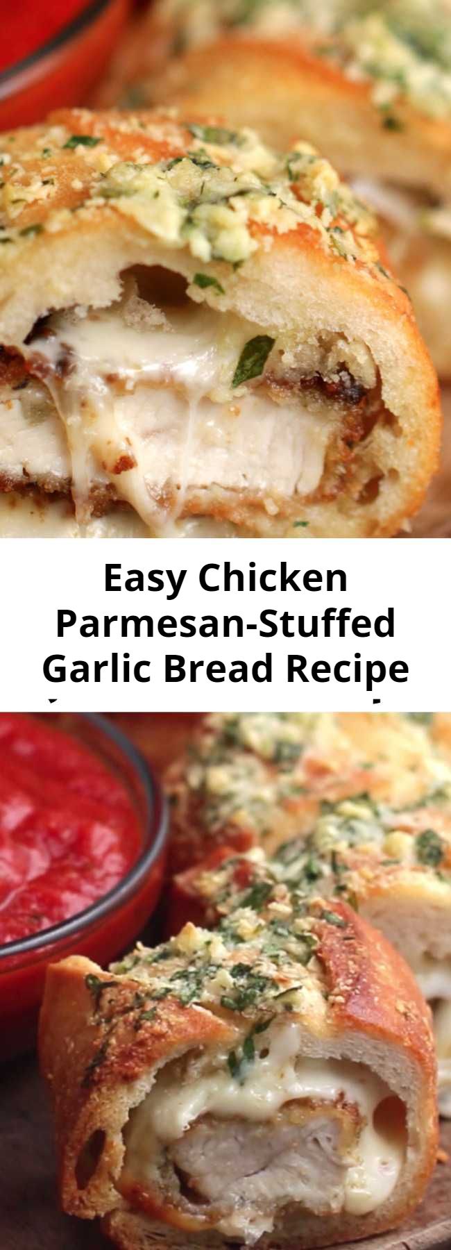 Easy Chicken Parmesan-Stuffed Garlic Bread Recipe - Super easy to stuff the bread just make sure you get a big baguette and not a little one. Loved it!