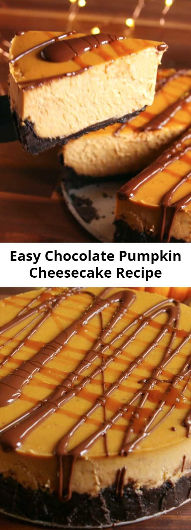 Easy Chocolate Pumpkin Cheesecake Recipe - Looking for an easy pumpkin dessert to make this Thanksgiving? This creamy pumpkin cheesecake with an Oreo crust is sure to impress. And we've got tons of cheesecake baking tips—like how to prevent your cheesecake from cracking—to set you up for success. #recipe #easy #easyrecipes #chocolate #pumpkin #cake #cheese #cheesecake #baking #dessert #dessertrecipes #fall #chocolaterecipes
