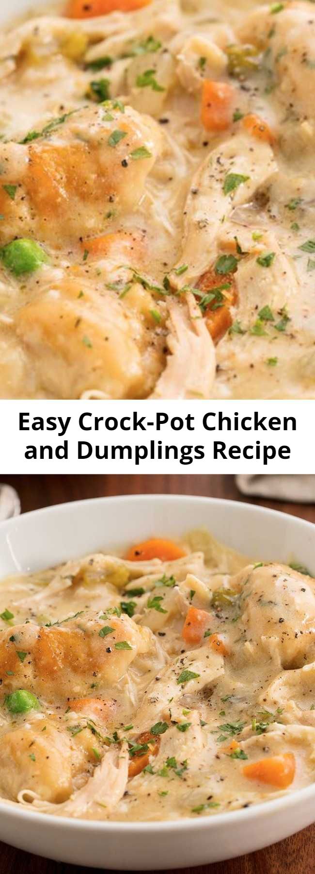 Easy Crock-Pot Chicken and Dumplings Recipe - This classic, comforting chicken and dumpling soup is almost too easy to make. #easy #recipe #slowcooker #crockpot #homemade #biscuits #dumpling #chicken #chickendumplings #biscuit