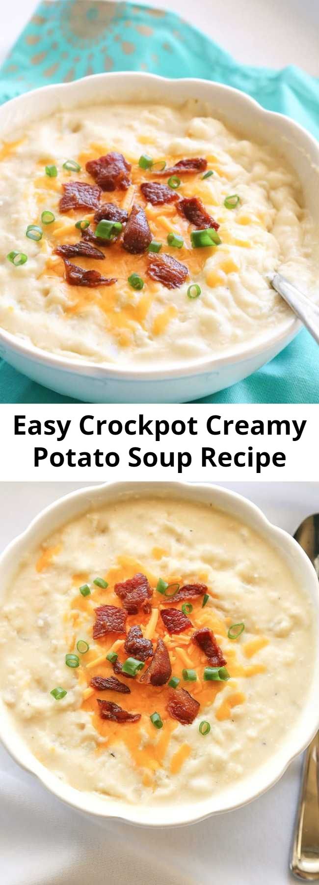 Easy Crockpot Creamy Potato Soup Recipe - This Crockpot Creamy Potato Soup couldn't be any easier. It's cooked all day in the slow cooker and is great for a cold day. Top with bacon, cheese, and green onions for the ultimate potato soup. This soup is versatile – add broccoli or ham to give it a twist. This will become your go-to crockpot potato soup recipe.