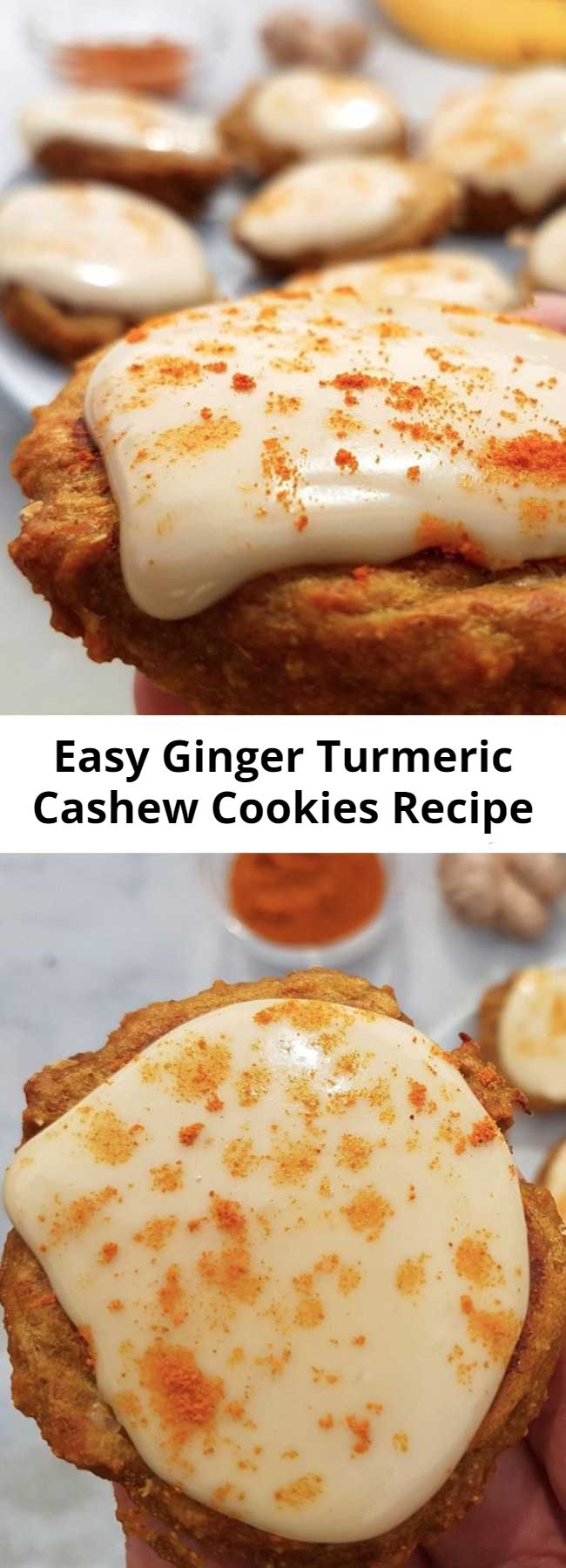 Easy Ginger Turmeric Cashew Cookies Recipe - Quick and easy healthy cookies recipe. These golden cookies are ginger and turmeric flavour with a creamy cashew frosting. Vegan and gluten free when made with gluten-free oats. #vegan #veganrecipe #healthy #cookies #healthycookies