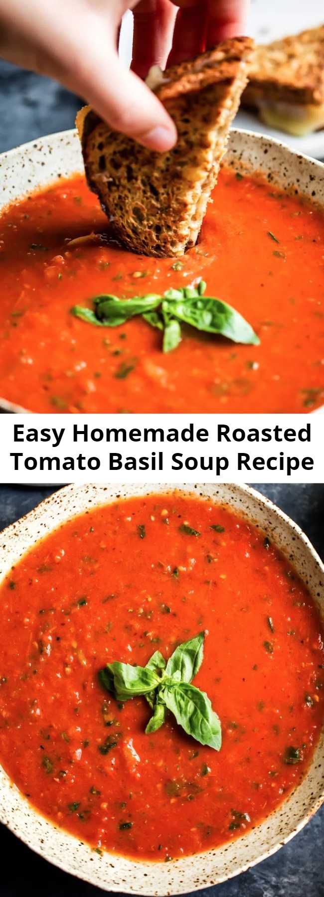 Easy Homemade Roasted Tomato Basil Soup Recipe - The Best homemade roasted tomato basil soup with fresh tomatoes, garlic, olive oil and caramelized onions and optional add-ins for extra creaminess. Delicious, flavorful and the best way to use up garden tomatoes! You’ll never want to go back to the canned stuff after you try this. #tomatoes #tomatosoup #homemadesoup #tomatorecipe #healthylunch #vegetarian #vegan #glutenfree