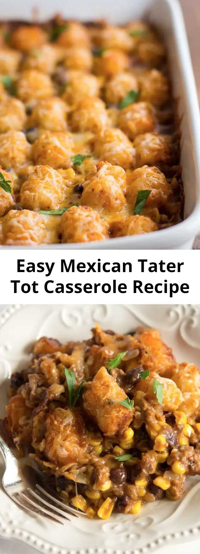 Easy Mexican Tater Tot Casserole Recipe - This easy tater tot casserole will please everyone in your crew---even picky kids! This delicious taco-inspired tater tot casserole recipe is chock-full of black beans, corn, ground beef and a whole lot of flavor.