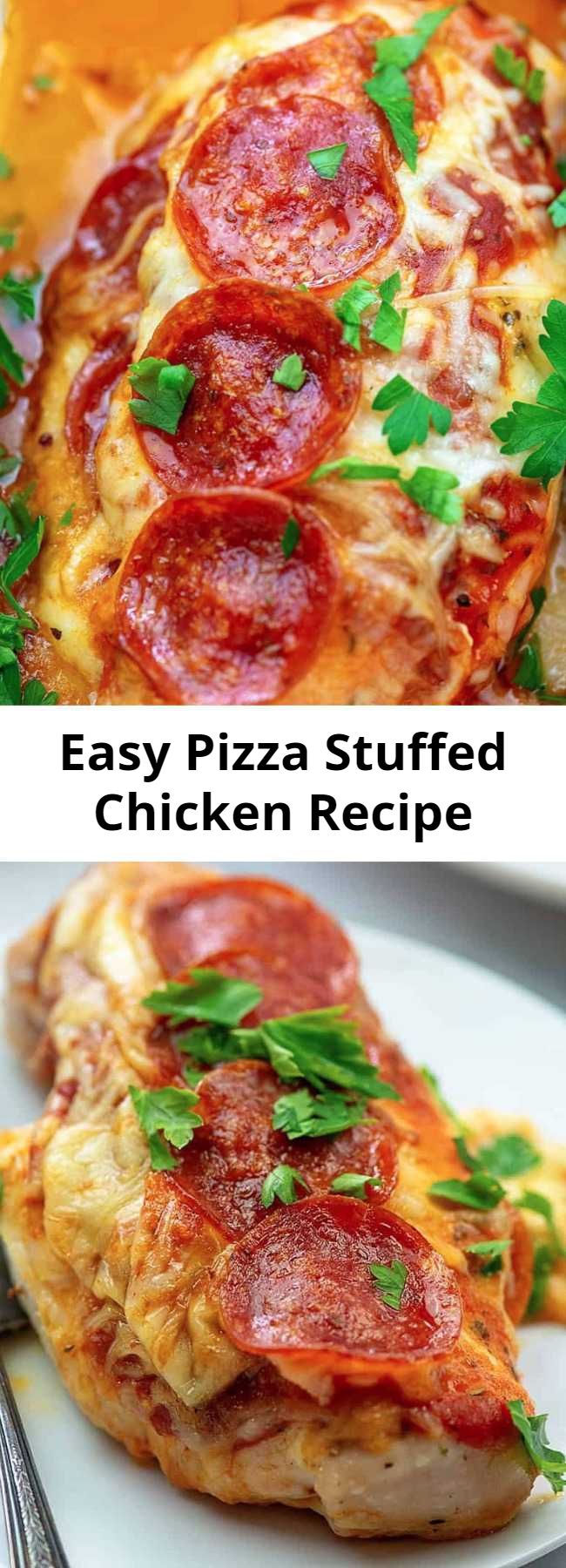 Easy Pizza Stuffed Chicken Recipe - If you're craving pizza, this stuffed chicken recipe will do the trick nicely! We use pepperoni since that's what we love on our pizza, but feel free to add a few of your favorite toppings! This quickly became one of the most requested recipes by my kids and I love it because it’s low carb and super easy prep. #chicken #lowcarb #keto #pizza