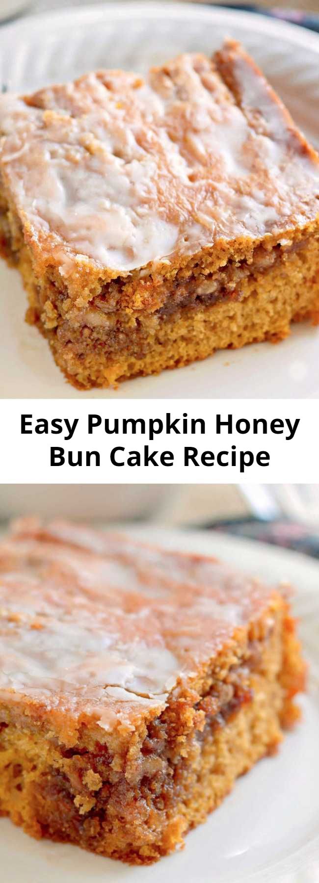 Easy Pumpkin Honey Bun Cake Recipe - A gooey brown sugar and walnut filling in the center of a moist pumpkin cake topped with a simple glaze.