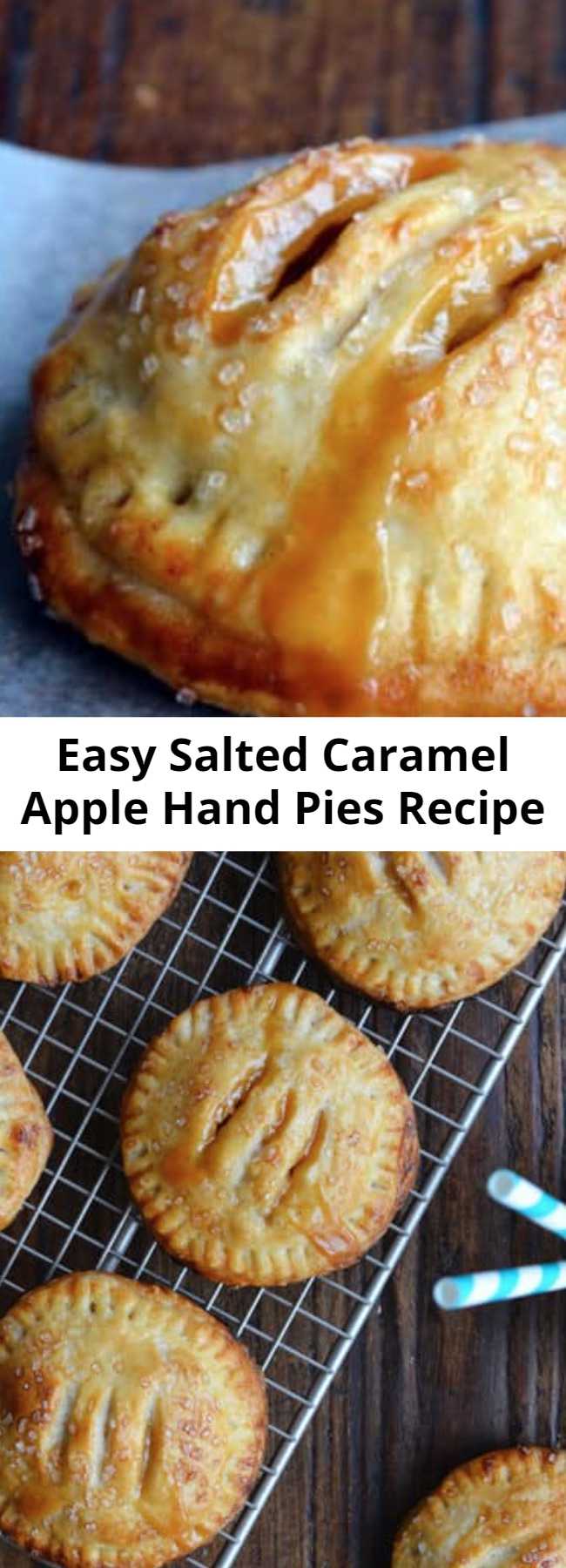 Easy Salted Caramel Apple Hand Pies Recipe - A pinch of sea salt lends a savory balance to these handheld treats that ooze fresh fruit flavor and silky smooth caramel. It’s the dynamic dessert duo, and it’s all wrapped up in finger-friendly package. No forks, no plates, no sharing required!