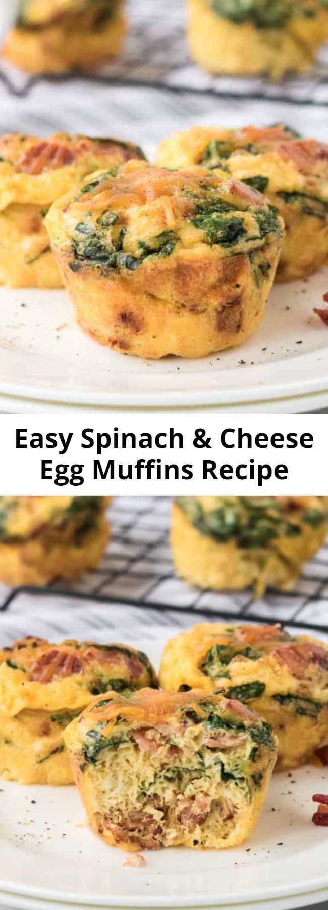 Easy Spinach & Cheese Egg Muffins Recipe - hese Spinach & Cheese Egg Muffins are a mini frittata made with bacon, onions, cheese and spinach. Always a breakfast fave! Not only was it easy to make, but it was filling and so good. I never felt like I was eating “diet food”. It almost feels too good to be true. Like how can I lose weight eating such yummy food? Yet, it happens! #eggmuffins #eggs #cheese #spinach