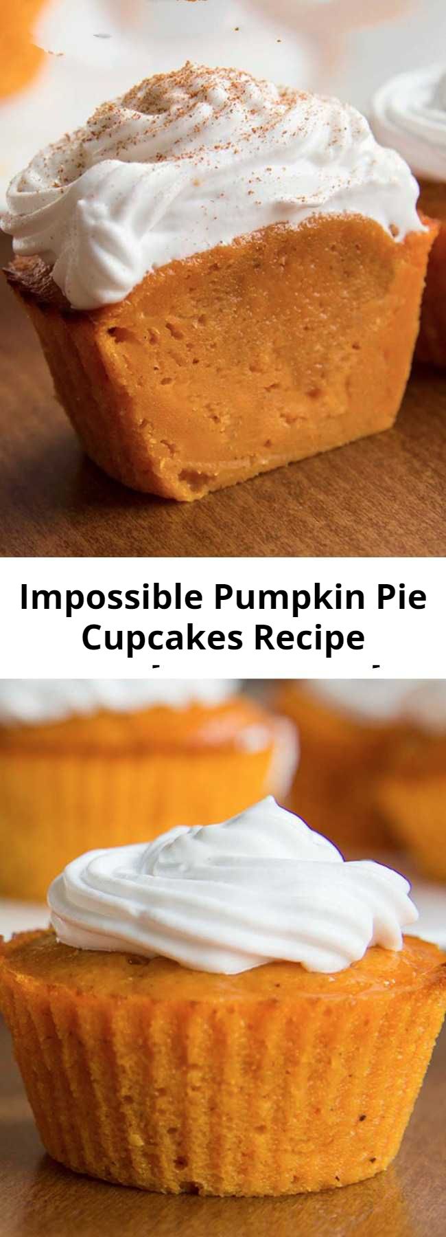 Impossible Pumpkin Pie Cupcakes Recipe - Impossible Perfect Fall treat! De-lic-ious Pumpkin Pie Cupcakes. They taste just like pumpkin pie filling, but are sturdy enough to eat with your hands. You’ll love these because they’re not overly sweet, and they’re pumpkin-y without being overpowering, plus the batter is crazy easy to make too. #recipes #pumpkin #cupcakes