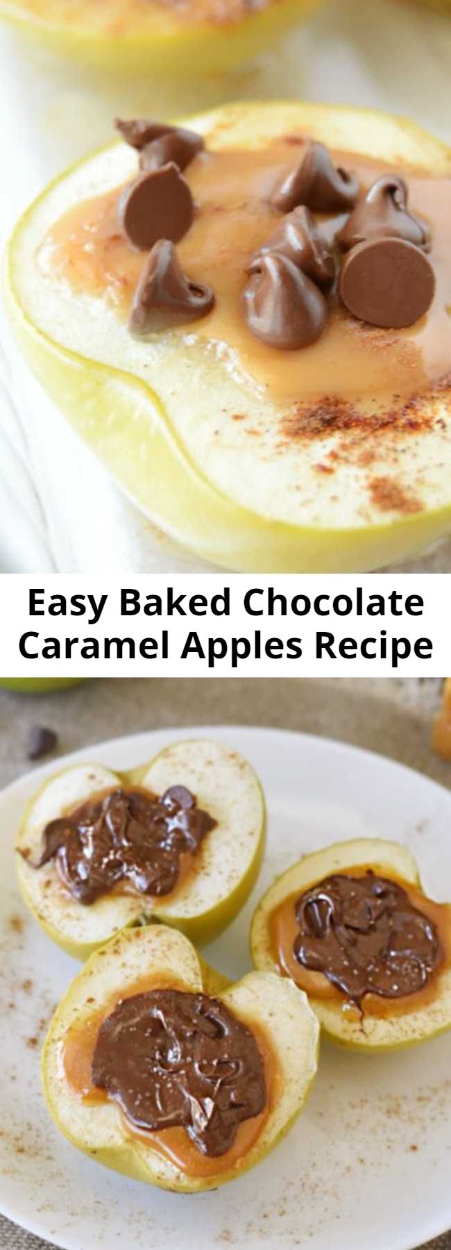 Easy Baked Chocolate Caramel Apples Recipe - Baked Chocolate Caramel Apples are baked apples stuffed with caramel and topped with chocolate and sea salt. An easy fall dessert recipe!