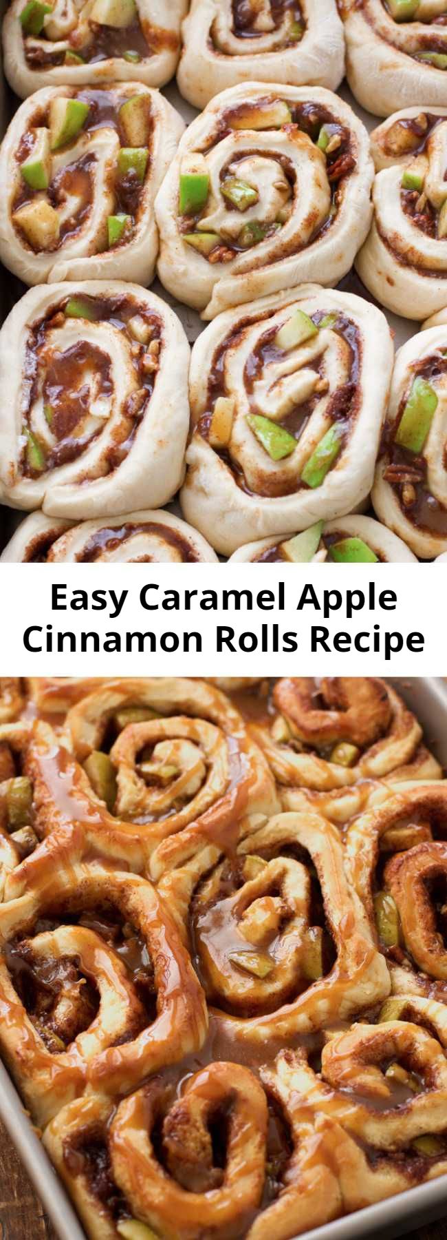 Easy Caramel Apple Cinnamon Rolls Recipe - Caramel apple cinnamon rolls stuffed with cinnamon, brown sugar, caramel, granny-smith apples and drizzled with apple cider caramel sauce and pecans. My cinnamon rolls have the most wonderful, bakery-style buttery flavor! These apple cinnamon rolls are the perfect fall treat!