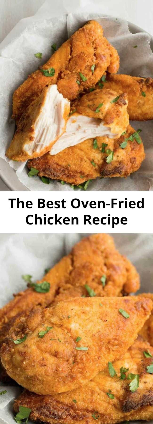 The Best Oven-Fried Chicken Recipe - This is the BEST Oven Fried Chicken recipe! It comes crispy right out of the oven, is much lower in fat and made with lean chicken breast. It takes just like KFC but it’s baked instead of fried! #chicken #healthy #healthydiet #healthyrecipe #chickenrecipe #recipe #cooking #dinner