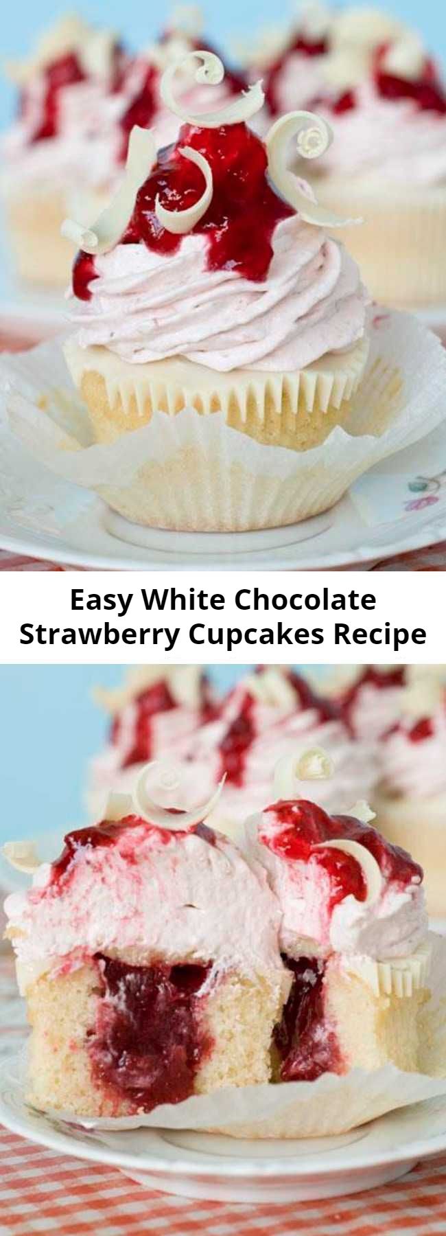 Easy White Chocolate Strawberry Cupcakes Recipe - White Chocolate Strawberry Cupcakes are moist and dense vanilla cupcakes with strawberry filling! Top these decadent cupcakes with a layer of melted white chocolate and some strawberry-white chocolate cream cheese frosting. You won’t believe your taste buds when you try these sweet strawberry cupcakes with jam!