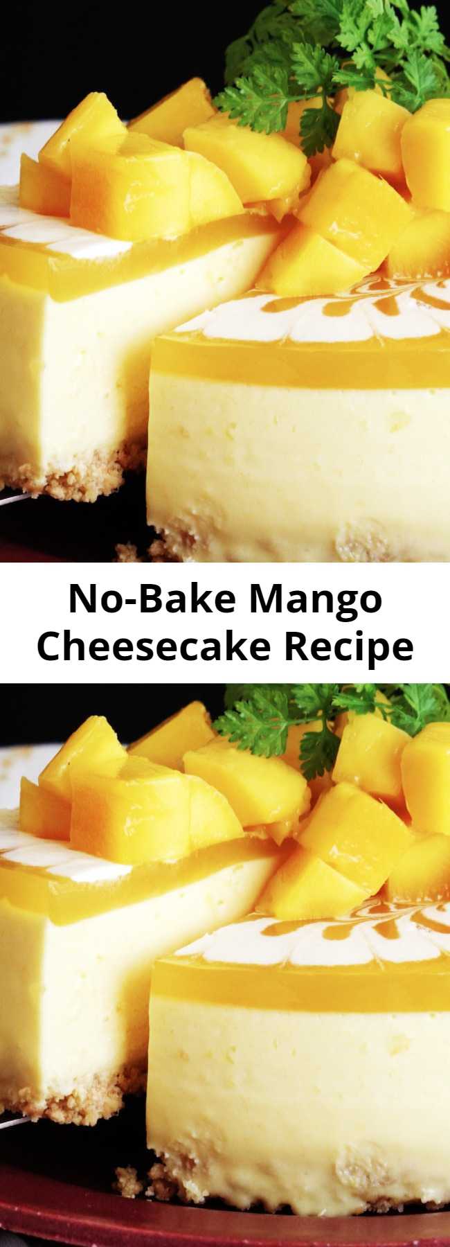 No-Bake Mango Cheesecake Recipe - Let this Mango Cheesecake take you to sweet, fruit paradise. Super easy and no bake makes this the perfect summer dessert.